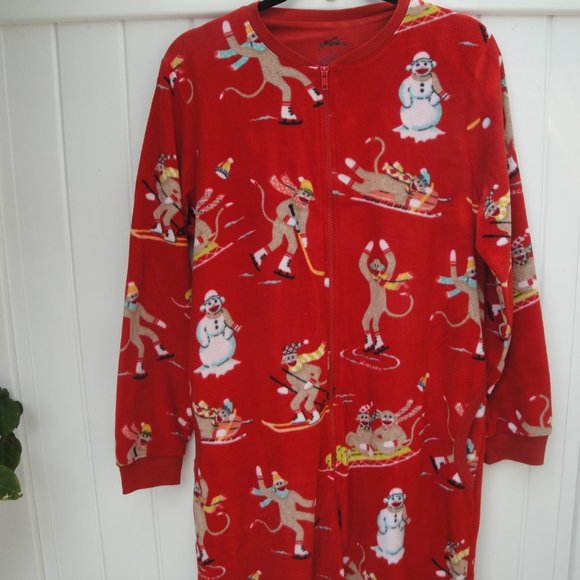 Nick & Nora Union Suit Red Sock Monkey Fleece Pajamas Medium - Picture 4 of 4